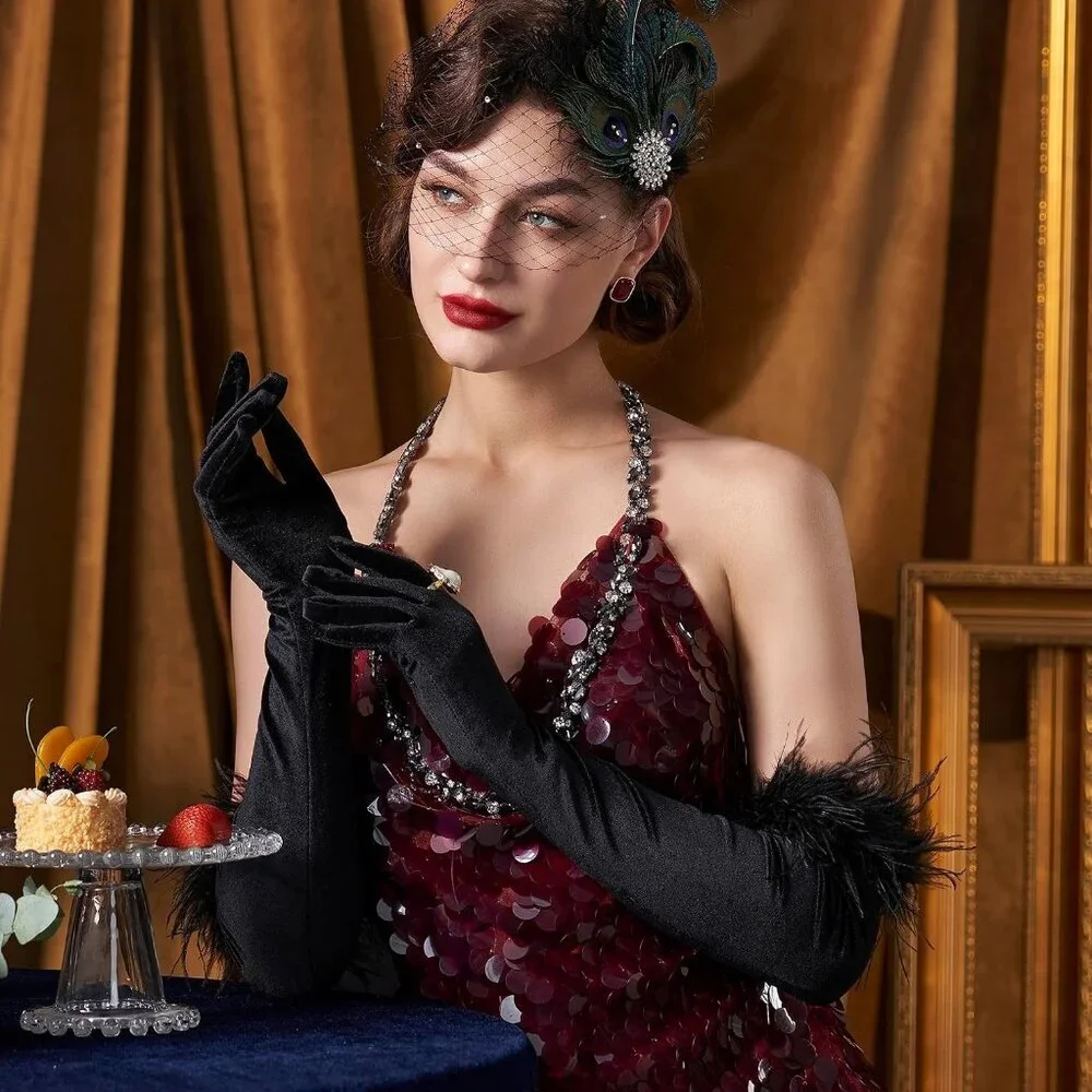 Women's Evening Black Feather Long Satin Gloves Stretchy Elbow Halloween Costume